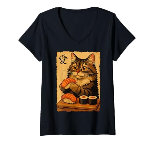 Mujer Lindo Kawaii Maine Coon Comer Sushi Divertido Gato de Comida Japonesa Camiseta Cuello V