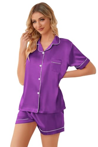 Image of Girls & Womens Satin Pajamas Set, Silk Button-Down Sleepwear 2 Piece Nightwear, 3 Years - Women XXL