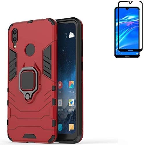for Huawei Y7 2019 Case,Hybrid Heavy Duty Shockproof Armor Dual Layer Protection Defender Back Case Cover for Huawei Y7 2019 Tempered Glass Screen Protector (Black) (Red)