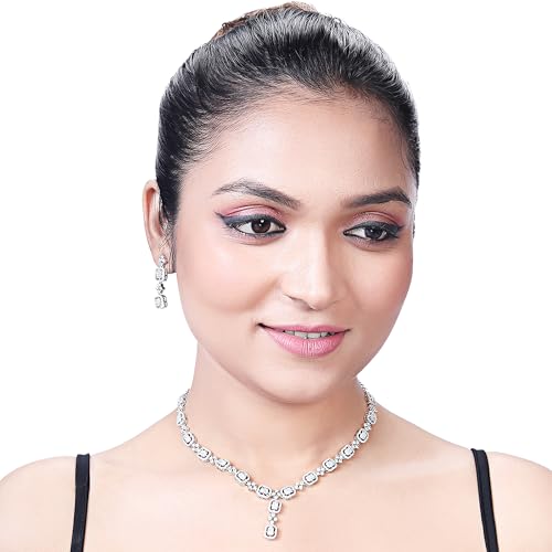 Image of Asmitta Jewellery Rhodium Plated Silver Toned Contemporary Choker Jewellery Set For Women Girls | Combo Of White And Baby Pink Cubic Zirconia & American Diamond Studded Necklace And Earring |Jewelry Suitable For Wedding Party (Contemporary)