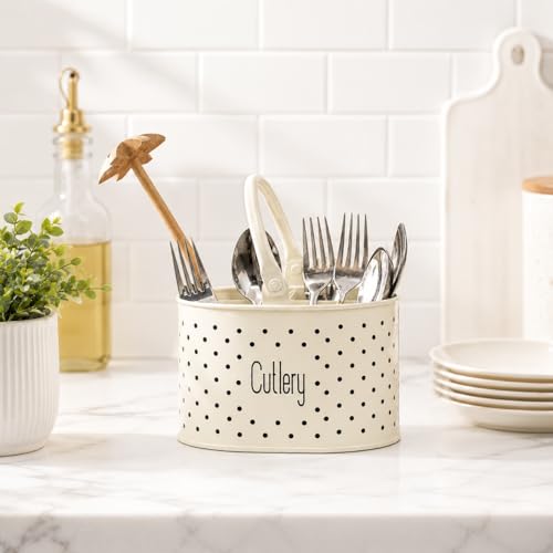 Image of MARKET 99 Galvanised Iron Stylish Ivory Cutlery Holder|Rustic Kitchen Utensil Organizer for Spoons,Forks,Knives|Multipurpose Countertop Rack for Dining Table & Office Desk|Vintage Finish,17x12x13 cm