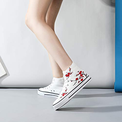 Kufeiti Women’s Embroidered High Top Canvas Sneakers White Floral Lace-Up Comfortable Casual Fashion Sneakers(Wf, Numeric_9) #TOP4