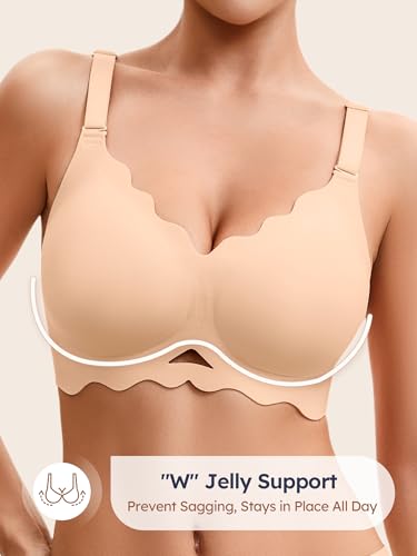 Image of Wireless Jelly Bras for Women No Underwire - S-2XL Seamless T-Shirt Bra with Support Full Coverage Comfort Bralette, Black+Skin, S