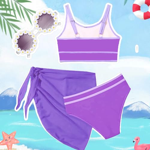 Image of Teen Girls Swimsuit High Waist Sporty Bikini Bathing Suits with Cover Up Skirt and Sunglasses 4 Piece Set 8-15 Years