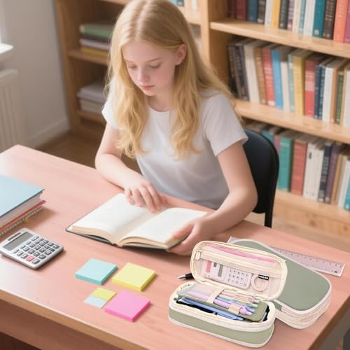 Image of Large Capacity Pencil Case Pouch, Cute Aesthetic Big Capacity Zipper Cases Pen Portable Office Stationery Makeup Bag, Desk Organizer for College Adults Women Men (Pista)