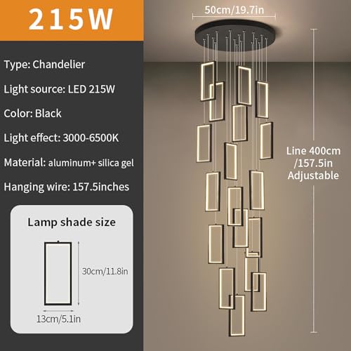 Lámpara de Techo LED Moderna Regulable para techos Altos, 12/15/18 Luces, Ajustable, 300 cm, con Mando a Distancia - Elegante luminaria para escaleras y vestíbulos (Negro, 215 W)