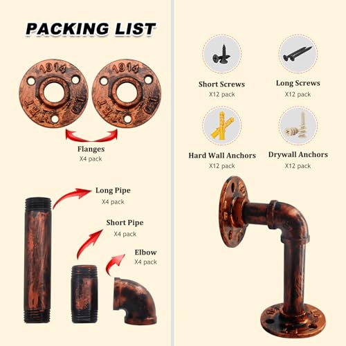 MLOQI Heavy Duty Scaffold Board Shelf Brackets 4 Pack - Industrial Pipe Wall Mount (Red Copper, 14 cm/5.5 Inches) - Image 3