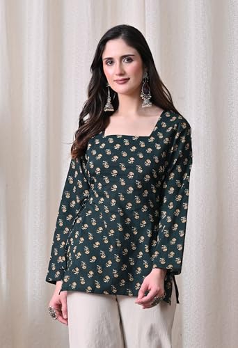 Image of MEERA FAB Women's Floral Printed Cotton Short Kurta Square Neck | Floral Printed Kurta with Full Sleeves | Short Kurti for Women
