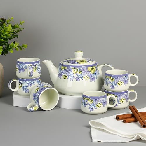 Image of CRAF10 Handcrafted Ceramic Blue Lilac Floral Print Teapot Cup Set - 1 Kettle (1 Litre) & 6 Cups (160 ML), Microwave & Dishwasher Safe | Morning Set | Tea Sets with Kettle