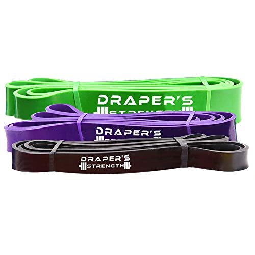 Draper's Strength Heavy Duty Pull up and Powerlifting Bands by Add Resistance for Stretching, Exercise, and Assisted Pull-ups. Free E-Workout Guide (Black, Purple, Green)