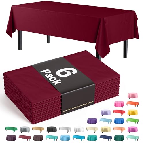 Exquisite Party Solids 6-Pack Premium Plastic Tablecloth 54in. x 108in. Rectangle Plastic Table Cover - Burgundy