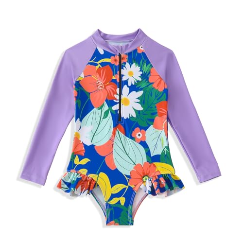 Image of Kids Girls Swimsuit Long Sleeve One Piece Swimwear Zipper Bathing Suit UV Protection Rash Guard Swimming