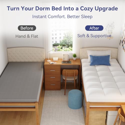Image of ELEMUSE Twin XL Mattress Topper for Dorm Bed, College Dorm Room Essentials for Girls&Guys, Soft Comfortable Bed Upgrade for Back to School, Apartment&Rental Use