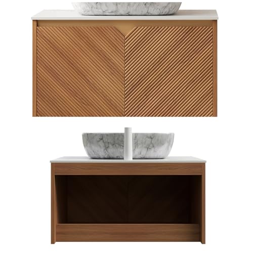 Image of Floating Bathroom Vanity with Sink, 30 inch Bathroom Storage Cabinet with Sintered Stone Countertop & Marble-Pattern Ceramic Basin, Wall-Mounted Vanity with 2 Twill Pattern Doors, Brown Oak