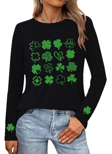 St. Patricks Day Shirts Long Sleeve Cute Hearts Shamrock Clover Print Casual Lucky Irish Lightweight Crewneck Tee Tops