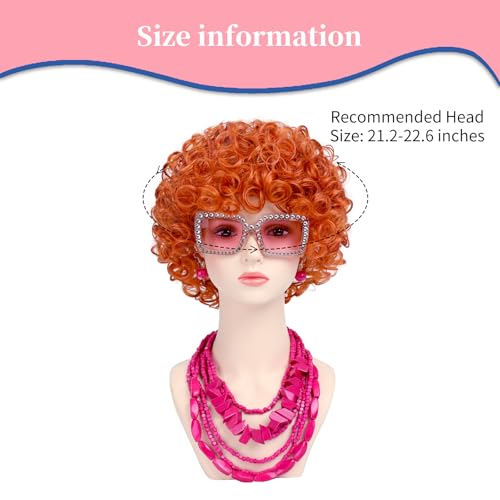 Image of Women Roper Curly Orange Red Cosplay Wig with Necklace Earrings and Sunglasses for Women Hallween Costume Wig