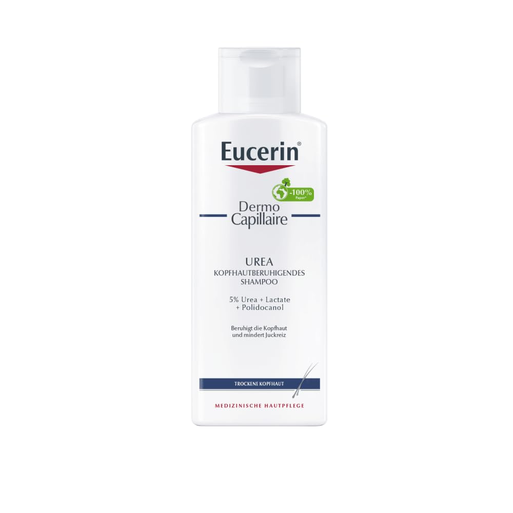 Eucerin DermoCapillaire Urea Kopfhautberuhigendes Shampoo 250 ml, Haarpflege für trockene Kopfhaut lindert Juckreiz, feuchtigkeitsspendende Formel für eine sanfte Reinigung ohne alkalische Seife