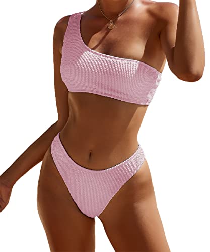 Image of YIMISAN Women's Ribbed Bikini Sets One Shoulder Top with Mid Waist Two Piece Bathing Suit