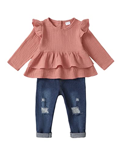Image of Baby Girl Clothes Toddler Girls Winter Outfits Infant Clothing Ruffle Top Denim Pants Jeans Cute Fall Outfit Set