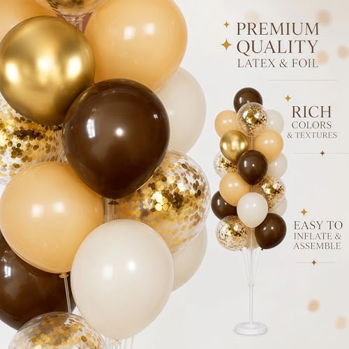 Image of Hiins Balloon Column Kit Set of 2 With Balloons Included - with Base,Pole,Balloon Tower Backdrop Decoration for Wedding, Baby Shower,Birthday Party,Bachelorette Parties (3xCoffee Brown Gold)