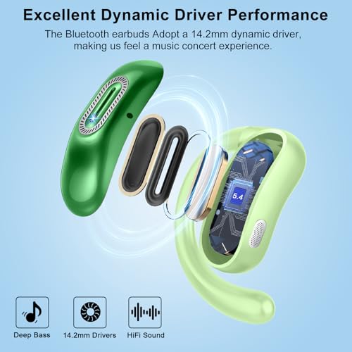 Image of Open Ear Headphones, Bluetooth 5.4 Earbuds, 50H, Air Conduction Ear buds, HD Stereo Bass Over Ear Earphones with Earhooks, Ultra-Comfort Secure Fit, IPX7 Waterproof Headset for Working Sports, Green