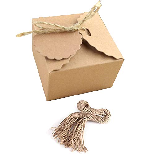 50 Pièces Boites Cadeaux Kraft, Boîte de Papier Kraft à Biscuit Bonbon, Boîte en Papier Kraft avec Corde de Chanvre Marron, pour Emballages Cadeaux, Cadeaux de Fête D'anniversaire(Corde de Jute)