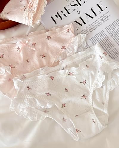 Floral-print Cotton Panties for Teen Girls Cottagecore Underwear Ruffle Trim Mid Waist Briefs Light-colored Crotch2