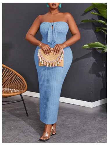 Image of WDIRARA Women's Plus Size Strapless Sleeveless Tie Front Bodycon Dress Party Club Tube Dresses