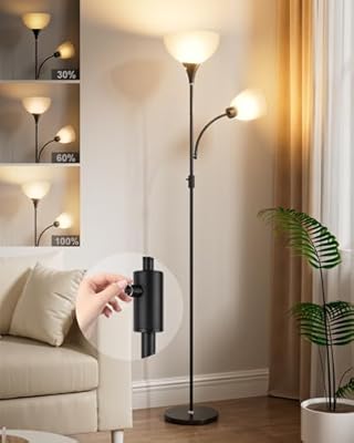 Lightdot 67IN Dimmable Torchiere Floor Lamps, Black Standing Lamp with Adjustable Reading Light, 3000K 9W E26 Bulbs Included, Mid Century Brass Tall Lamp for Living Room Bedroom