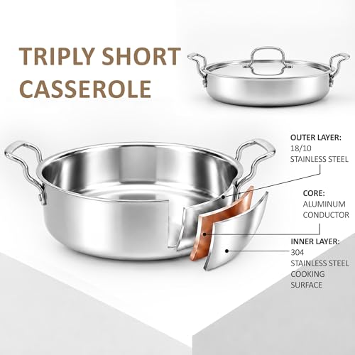 Image of SOLARA Triply Stainless Steel Short Casserole with SS Lid, 28 cm, Tri-Ply Heavy Bottom Cooking Pot with Cast Steel Handles, Induction & Gas Compatible