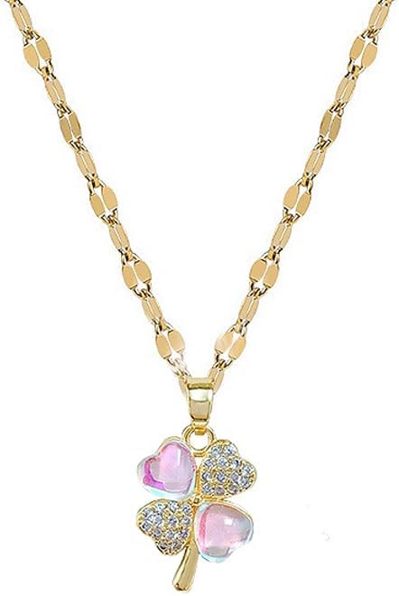 Dtja Crystal Clover Leaf Pendant Necklace for Women Gold-Toned CZ Cat's Eye Shamrock Irish Flower Link Choker Chain Necklaces Adjustable St.Patrick's Day Holiday Jewelry 18"