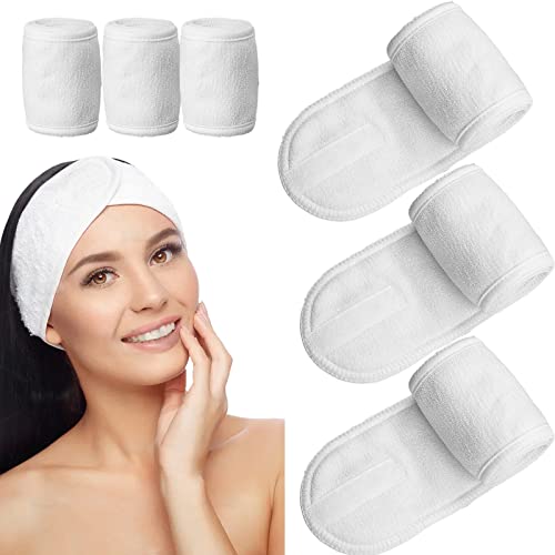 3PCS Pelo Banda para Maquillaje, Diadema de Maquillaje Ajustable Mujer, Diadema con Cinta Mágica para Lavado de Cara, Spa, Belleza, Yoga(Blanco)