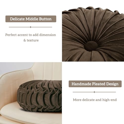 Image of HIG Set of 2 Decorative Round Pleated Throw Pillows,Classy Accent Pumpkin Throw Pillows with Center Button,Vintage Velvet Floor Pillows for Sofa Vanity Chair Bed,Chocolate,14.5 inch Diameter(Ripple)