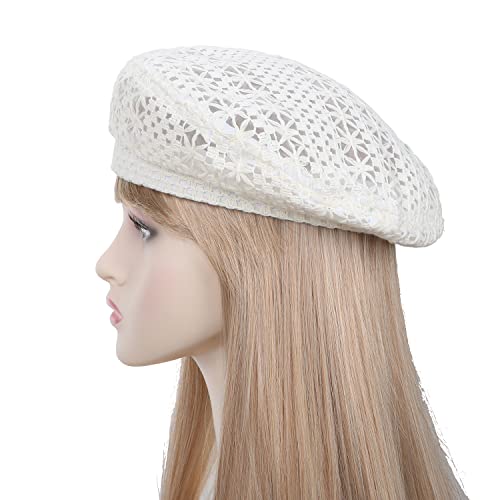 Mulimu Summer Lightweight Hollow Out Crochet Berets Artist Hat French Lace Beret Hat For Women (White) #TOP2