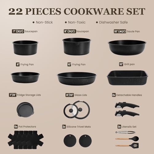 Kikcoin 22 Piece Non Stick Pots and Pans Set with Removable Handles, Dishwasher Safe (Black)