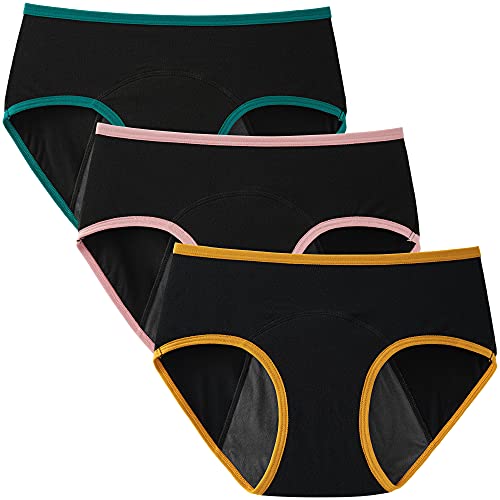 INNERSY Bragas Menstruales Niña Ropa Interior Protección Algodón Braguitas Regla 8-16 Años Pack de 3 (12-14 Años, 3 Negro)