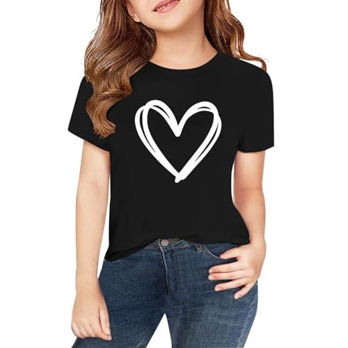 Toddler Girls Short Sleeve Graphic Shirt Cute Heart Print Tops Crewneck Casual Loose Teens Aesthetic Vacation Birthday Outfit