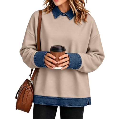 Womens Polo Shirts Button Denim Patchwork Collared Long Sleeve Tops - image 2