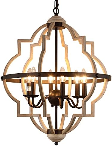 AMZASA Farmhouse Chandelier ORB and Oak Finish 6-Lights Rustic Vintage Chandelier Light Fixture for Kitchen Island Dining Room Living Room Foyer Entryway UL Listed