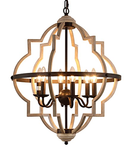 Amzasa Farmhouse Chandelier Orb And Oak Finish 6-Lights Rustic Vintage Chandelier Light Fixture For Kitchen Island Dining Room Living Room Foyer Entryway Ul Listed #TOP28