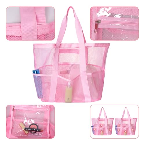 Mesh Beach Bag with Zipper Girls Pink Sandproof Summer Bag Extra Large Pool Bag with 8 Pockets for Vacation3