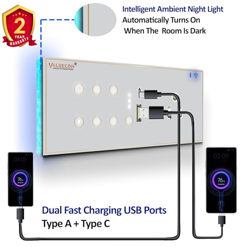 Image of i380 6 modular Smart Wifi Switch Board with 4 Switch,1 Fan,1 Socket, C & A type USB charging ports| App Control, Voice-controlled by Alexa, G. Home, G. Assistant-G. Grey