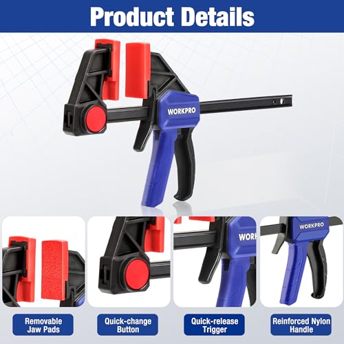 Image of WORKPRO Mini Bar Clamps for Woodworking, 6PC One-Handed Spreader /Bar Clamp, 6-Inch (4) Light-Duty Quick-Change Wood Clamps Set and 6-Inch (2) Mini F Clamp, 150 lbs&50 lbs