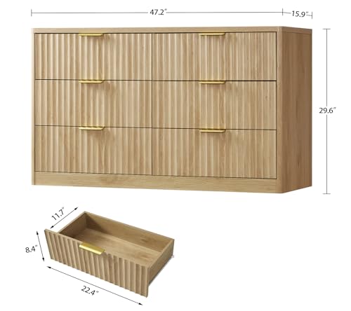 Image of TEENFON Fluted 6 Drawer Dresser for Bedroom, Wide Modern Chest of Drawers with Metal Handle, Curved Profile Design, Wood Closet Clothes Storage Organizer for Bedroom, Hallway, Natural