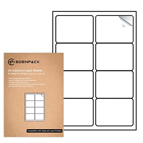 Edenpack EP84800 - 8 etiquetas por folha A4, 25 folhas, etiquetas de correio imprimíveis de endereços auto-adesivos, compatíveis com impressoras a laser e jato de tinta
