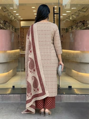 Image of GoSriKi Kurta Sets for Women Cotton Blend Printed | Kurti Set for Woman | Kurta Pant Dupatta Set | A Line Kurti | Round Neck V-Slit 3 /4 Sleeve Suit Set for Women Stylish Ethnic Outfit