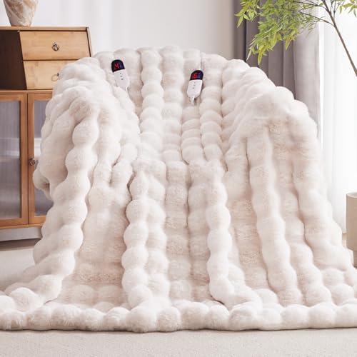 Anysay Heated Blanket Throw with 1/2/4/6/8 Hours Auto-Off 10 Heat Levels, 84" * 90" Cozy Faux Rabbit Fur Bubble Electric Blanket with Overheat Protection(White)