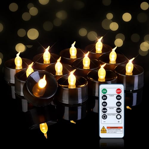 Image of Homemory 12-Pack Black Remote Flameless Battery Tea Light Candles, 400+ Hrs | 2 /4 /6 /8H Timer LED Flickering Tealight Votives for Jack O Lanterns, Halloween Parties, Romantic Dinners and Weddings