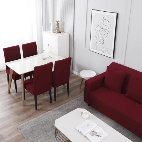Image of HOKIPO 140 GSM Sofa Cover 5 Seater Elastic Stretchable Sofa Slipcover Protector, Maroon (NEW-AR-4277-E4*2 + AR-4279-E4)