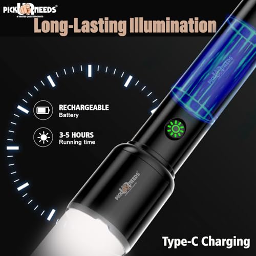 Image of Pick Ur Needs Long Range Torch Rechargeable 1500mAh Battery 50W LED Light with 6-Hour Backup, Fast 2-Hour Charging, 3 Modes (High /Low /Side Lights) (1)